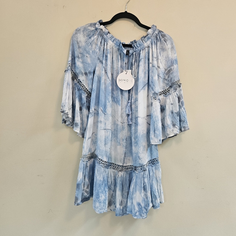 BOHO ME Tunic Top Blouse Women Sz M Blue TieDye Bohemian 3/4 Trumpet Sleeves NWT